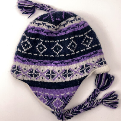 #ad Purple Blue Knit Pattern Winter Ear Flap Trapper Hat Diamond Pattern