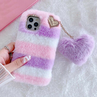 Girly Faux Fur Case W Cute love heart Soft Fluffy Furry Shockproof Phone Cover