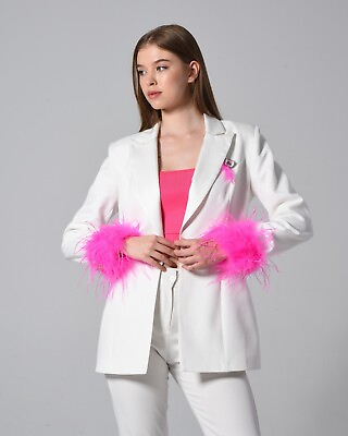 #ad BF MODA FASHION LUXURY WOMEN BLAZER WITH REMOVABLE FEATHER CUFFS LONG SLEVEES