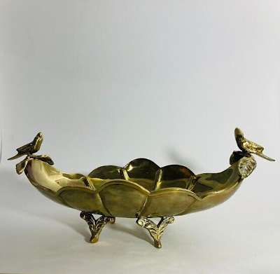 #ad Vtg Solid Brass Scalloped Bird Bath Oval Dish Tray Footed Handles 13”