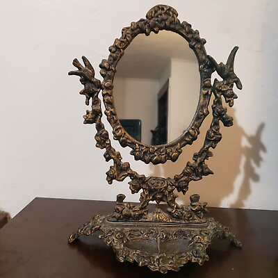 Ornate Victorian Cast Bronze Vanity Mirror With Jewelry Bowl