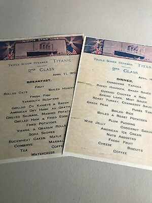 RMS TITANIC 2ND CLASS MENUS SET OF 2 BREAKFAST AND DINNER HQ REPRINTS