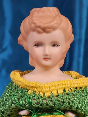12quot; VINTAGE REPRODUCTION antique CHINA HEAD doll yellow and green knitted dress