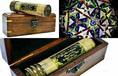 #ad Vintage Brass Kaleidoscope with Wooden Box Look Antique Finish Handmade