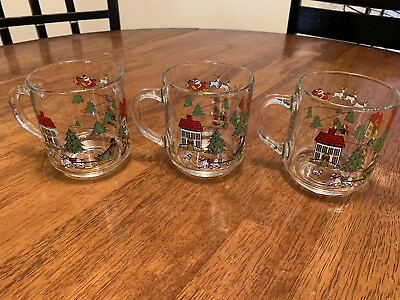 3 Vintage LUMINARC Glass Santa in Flight Christmas Village Mug Cups France