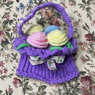 #ad EUC Handmade Knit Circular Easter Flower Basket Appliance Tissue Box Cover