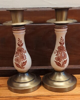 Set Of 2 Vintage Brown amp; White Floral Motif Brass Ceramic Candle Stick Holder