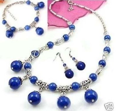 #ad 10mm Lovely Tibet Silver Blue Lazuli Lapis Gems Necklace Bracelet Earrings Set