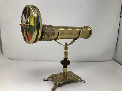 #ad Vintage Brass Kaleidoscope on Brass Stand Large Dual Wheeled Kaleidoscope