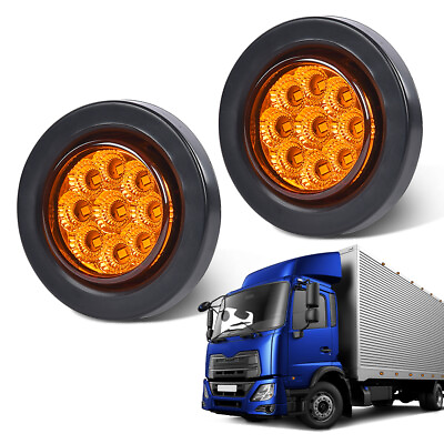 #ad 2x Amber 2quot; Inch Round 9 LED Side Marker Clearance Lights Truck Trailer Lamp 12V