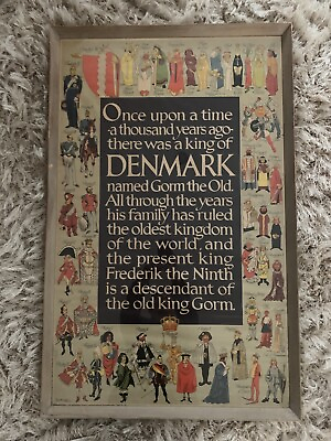 Vintage Antique 1960s Original Travel Poster Denmark Copenhagen Framed 41” X 26”