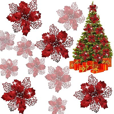 10Pcs Glitter Christmas Poinsettia Hanging Flowers Xmas Party Tree Decoration