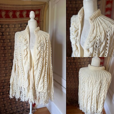 Vintage Women#x27;s Ivory Chunky Cable Knit Granny Cape Drape Shawl OSFM