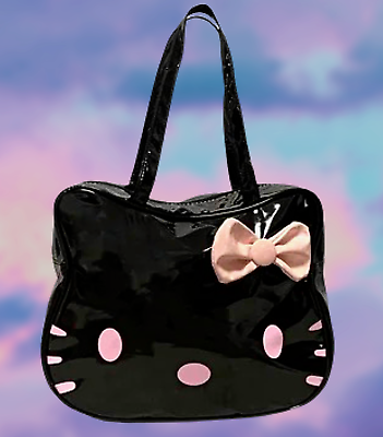 #ad Hello Kitty Face Shape Shoulder Bag Black Faux Leather Pink Bow Large Tote Bag