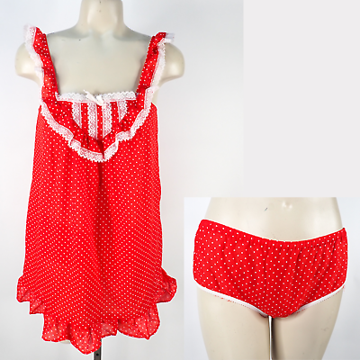 #ad Vintage 70s Red Polka Dot Mini Nightgown amp; Matching Panties Set S Lace Babydoll