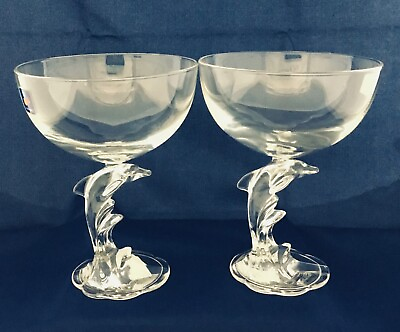 2 Luminarc “DOLPHY” Champagne Tall Sherbet Glasses w Dolphin shaped Stems