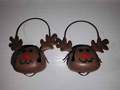 #ad 2 JINGLE BELL RED NOSE REINDEER METAL CHRISTMAS ORNAMENTS