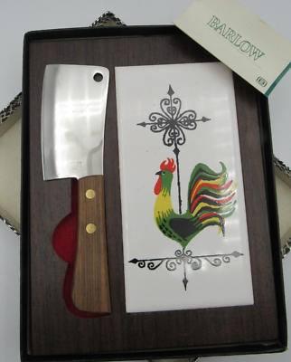 #ad Vintage 60#x27;s Barlow Tile Cheese Board w Cleaver Knife Original Gift Box Rooster
