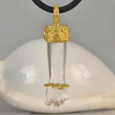 #ad Gold Vermeil Sterling Silver Mano Fico Figa Pendant Crystal Quartz Diamond 10.1g