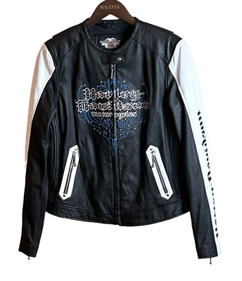 #ad Harley Davidson Women KALEIDOSCOPE Leather Jacket Blue Black White Biker Size L