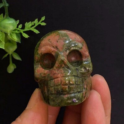 #ad 114g Natural Polished Unakite Stone Skull Hand Carved Quartz Crystal Specimen