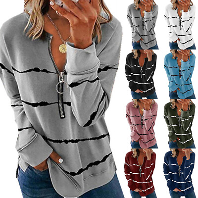 #ad #ad Women#x27;s V Neck Zipper Tops T Shirt Ladies Long Sleeve Casual Loose Blouse Tee US