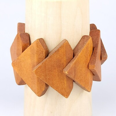 #ad Modernist Wood Stretch Bracelet Geometric Triangular Overlapping Scale Beads 24g