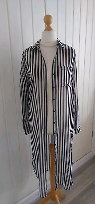 #ad Ladies Size 10 Long Black White Striped Floaty Beach Cover Up Shirt Adjustable