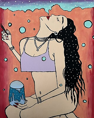 #ad Original Painting Portrait Art Acrylic on Canvas Woman Blowing Bubbles 20”x16”