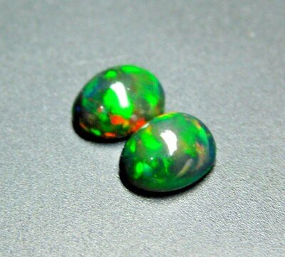 #ad Genuine Pair 9X7 mm Oval Natural Ethiopian Green Fire Black Opal High Quality