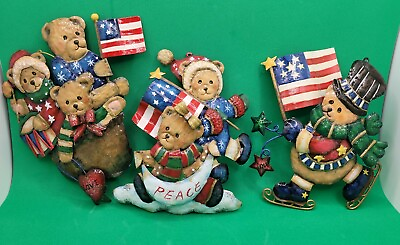#ad Teddy Bears Metal Christmas Ornaments Patriotic USA Flags Love Peace 3pc