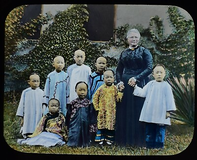 #ad Magic Lantern Slide CHINESE CHILDREN WITH GOVERNESS C1890 PHOTO CHINA EMPEROR