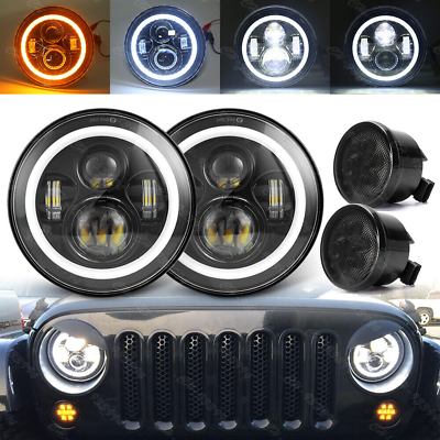 #ad 7quot; Round H4 Halo LED Headlights Turn Lamp Combo For Jeep Wrangler JK 2007 2018