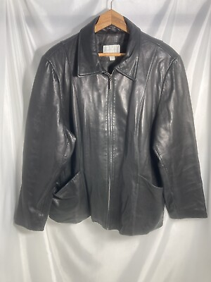 #ad Worthington Womens Leather Jacket Black 3X Zipped Collar Deep Pockets Lambskin
