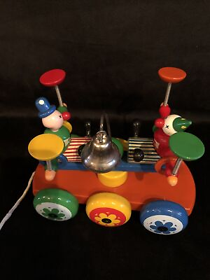 #ad Vintage Wooden Kouvalias Pull Toy With Clowns and Bell Needs Slight Repair