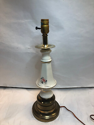 Vintage Brass Ceramic Electric Table Lamp Painted White Flowers