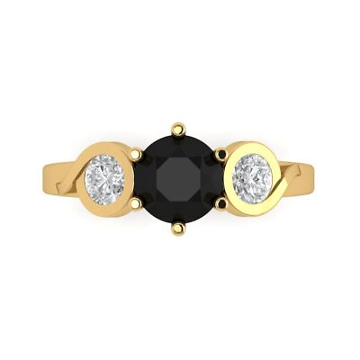 #ad 1.85ct Round Onyx Real 18k Yellow Gold 3 Stone Statement Wedding Bridal Ring