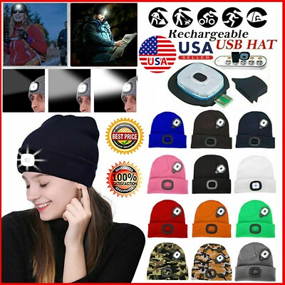 #ad USB Rechargeable LED Beanie Cap Winter Men Women Warmer Knit Cap Light Up Hat US