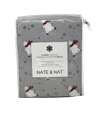 #ad NATE amp; NAT FULL 4 PC Skating Polar Bears Snowflakes Cotton Flannel Sheet Set NEW