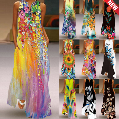 #ad Women Boho Floral Maxi Dress Cocktail Party Evening Ladies Summer Beach Sundress