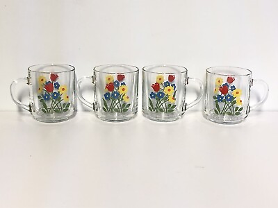 Vintage 1970s Luminarc Glass Coffee Cup Mug Flowers Retro Tulip France Set Of 4