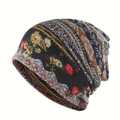 #ad Vintage Floral Print Beanie Boho Warm Knit Hat Casual Headband Elastic Skull Cap