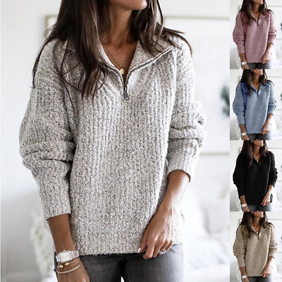 #ad Womens Knitted Long Sleeve Tops Pullover Ladies Zip V Neck Loose Jumper Sweater