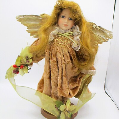 #ad Porcelain Christmas Angel Doll With Stand Feather Wings 14quot;Rose Gold