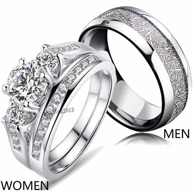 Couple Rings Titanium Steel Mens Ring Three Stone CZ Women#x27;s Wedding Ring Sets
