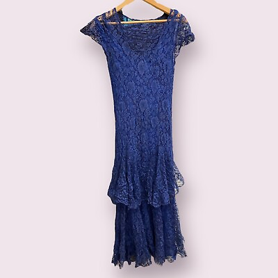 Vintage Antique 1930s Flutter Sleeve Lace Gown Dress Indigo Dark Blue