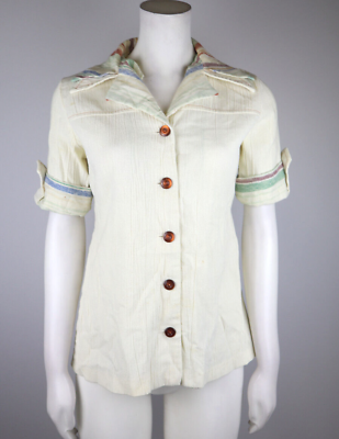 VINTAGE 1970s 70s IVORY BEIGE SHORT SLEEVE BUTTON UP DOUBLE COLLAR TOP SIZE S