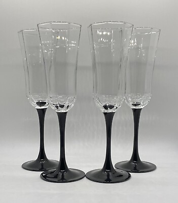 #ad Set Of 4 Arcoroc Luminarc France Black Stem Octime Wine Goblets 8 5 8” Tall Vtg