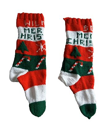 #ad Vintage Knit Santa Claus Christmas Stockings Red Wilma Bob Lot of 2