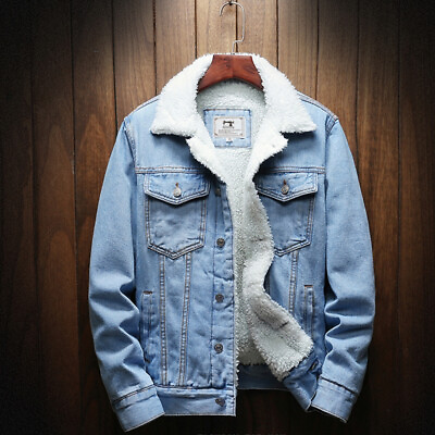 Fleece Lined Winter Warm Coat Trucker Denim Jean Fur Collar Jacket Overcoat